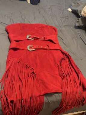 Strapless Red Suede Fringe Dress with Buckle Waist